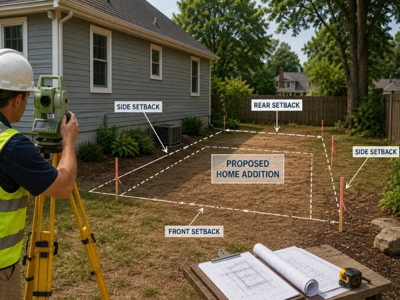 Surveyor measuring the available buildable area beside a house before a planned home addition permit submission.