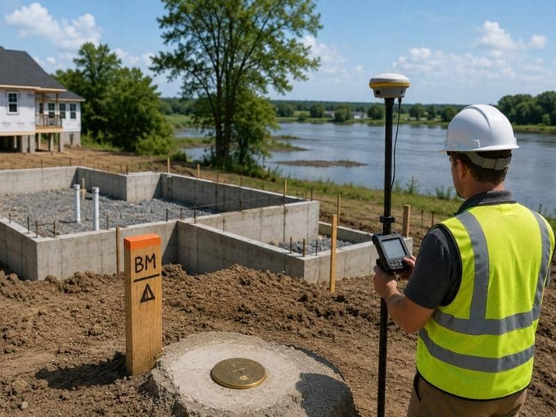 Land surveyor measuring benchmark and foundation elevations for an elevation certificate before construction near a floodplain