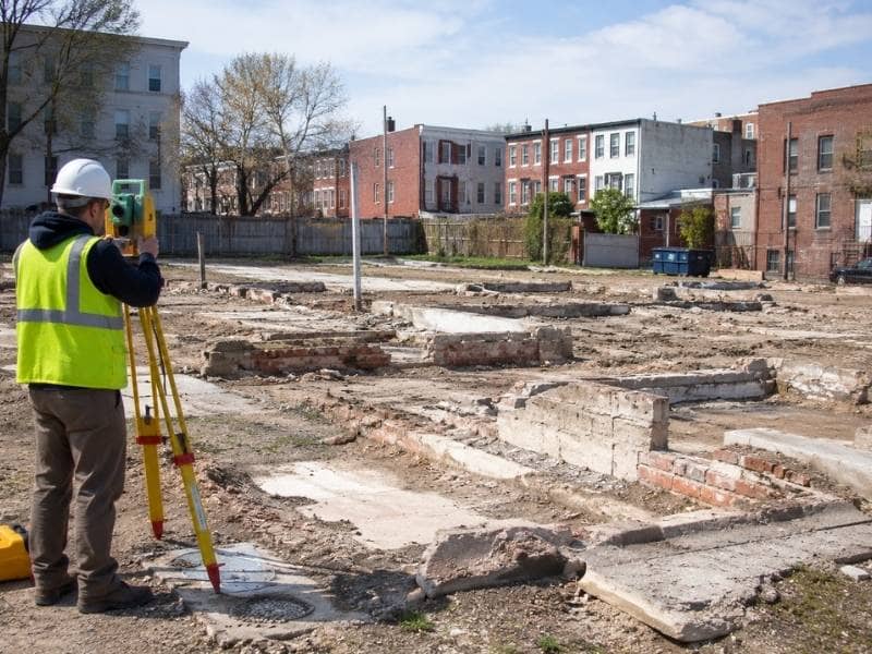 Land surveyor measuring a cleared redevelopment site where old foundations and curb cuts reveal former parcel divisions.