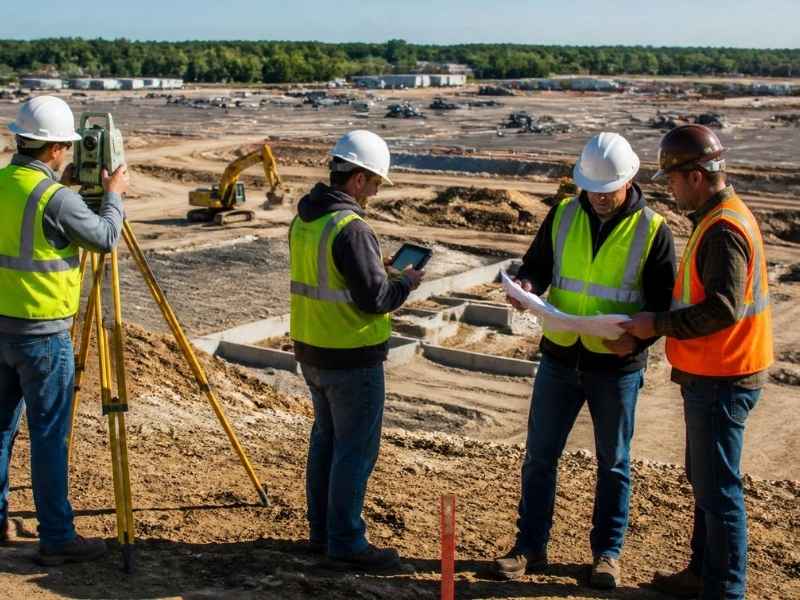 Construction survey in Kansas City MO showing survey crews and project teams coordinating layout, grades, utilities, and building placement on a major development site.