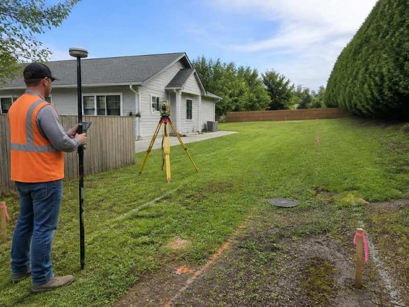 Residential surveyor checking property boundaries before detached garage construction in Kansas City
