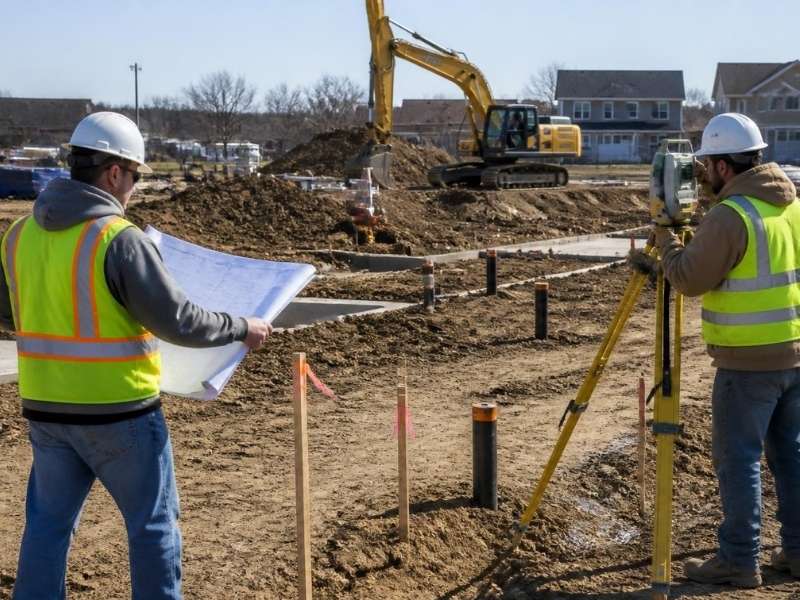 Construction surveyor and contractor coordinating site layout and survey stakes on an active construction site in Kansas City, MO.
