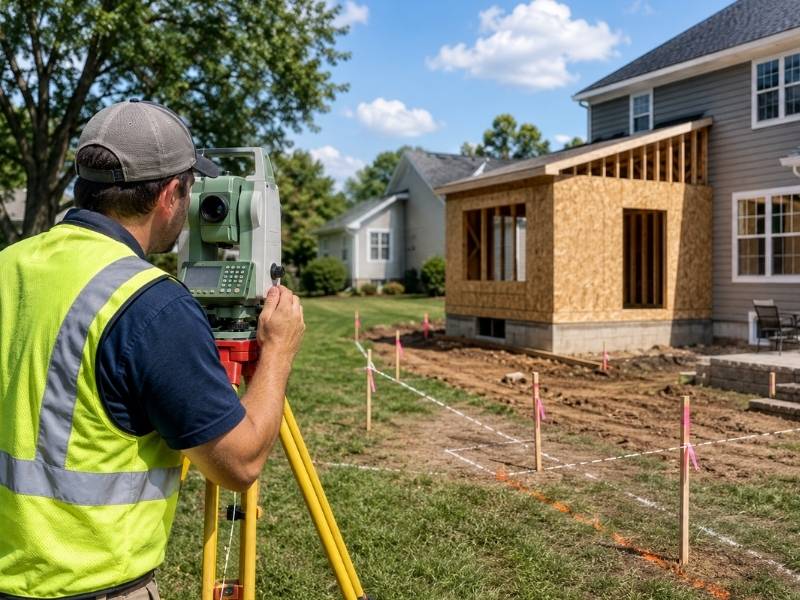 Residential surveyor in Kansas City, MO, using a total station to review property boundaries and site conditions before a home expansion.